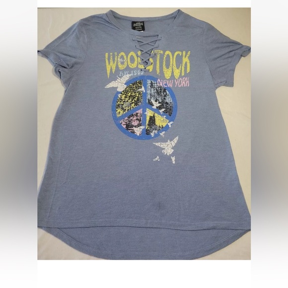 Concert Tees Woodstock Collection Lace Up Womens SIZE LARGE Blue T-shirt Graphic - Picture 1 of 6